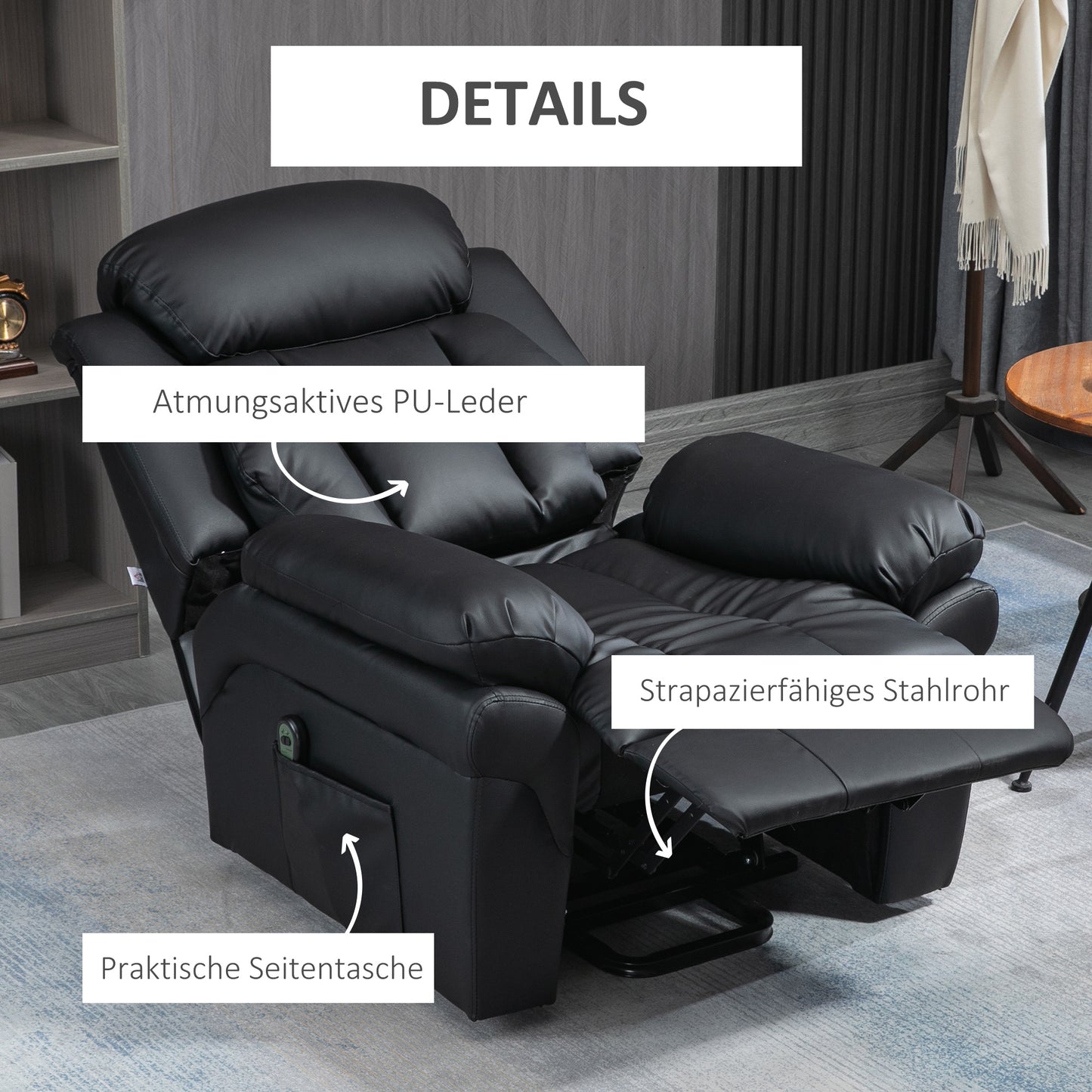 HOMCOM Relaxsessel mit Aufstehhilfe, inkl. Fußstütze und Kopfstütze, 1 Fernbedienung, Schwarz