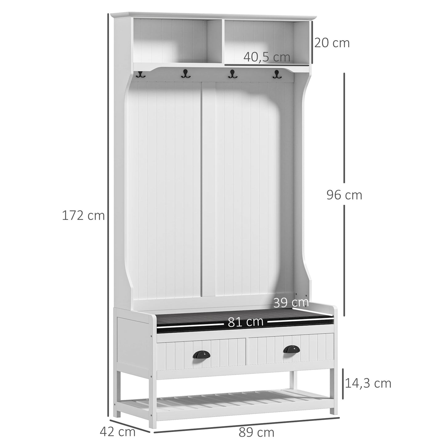 HOMCOM Garderobenständer mit Haken, Garderobe mit Schuhbank, für Eingangsbereich, Flur, Metall, MDF, Weiß+Grau