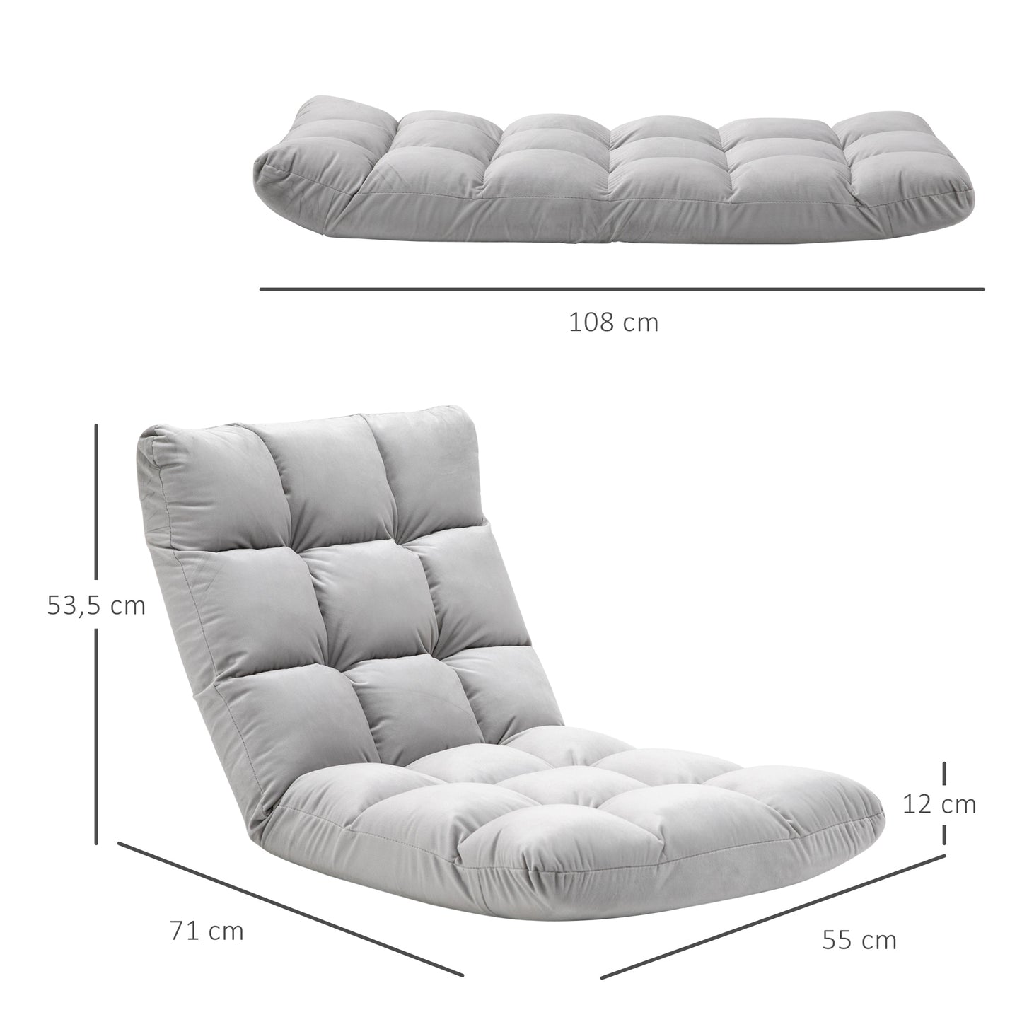 HOMCOM Bodenstuhl Faltbar Bodensessel mit Liegefunktion Verstellbarer Rückenlehne, gepolstert Relaxsessel zum Fernsehen, Lesen, Meditationsstuhl Lazy Sofa Lesesessel für Meditation Zuhause Grau