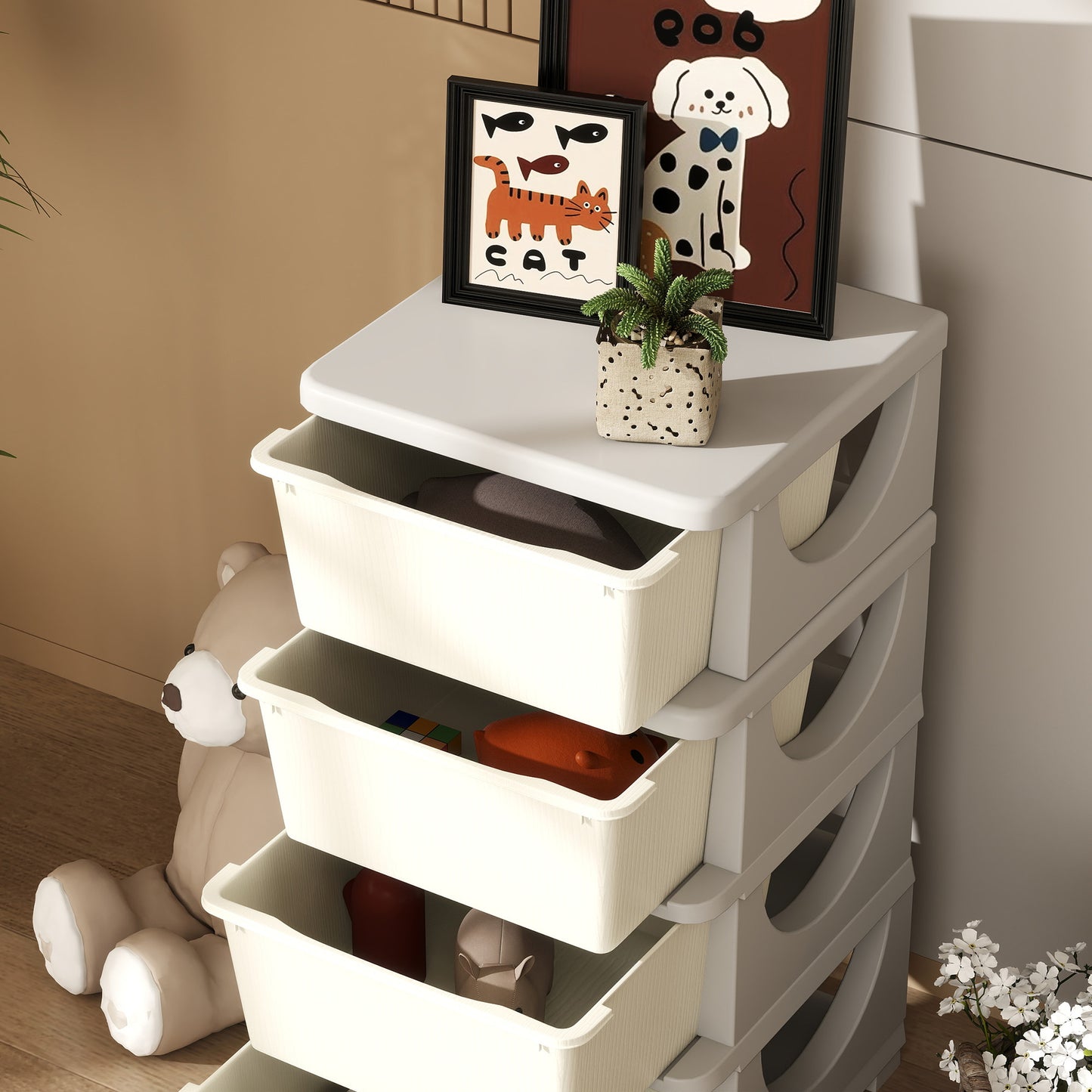 HOMCOM Aufbewahrungsboxen für Kinder, 4 große Schubladen, runde Kanten, Kunststoff, 37x37x76 cm, Cremeweiß