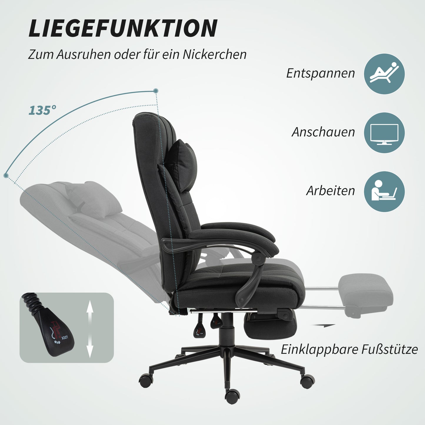 Vinsetto Bürostuhl mit Fußstütze, Schreibtischstuhl, Drehstuhl mit Kopfstütze, Schwarz