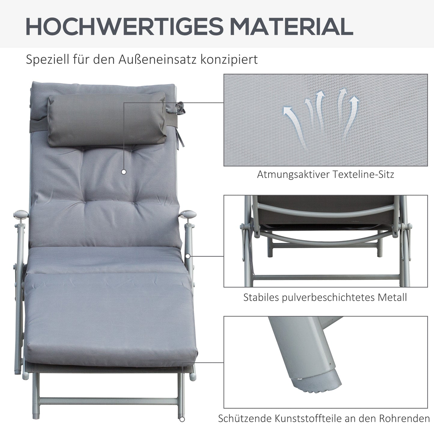 Outsunny Sonnenliege klappbar Strandliege mit Kopfkissen Sitzkissen Liegestuhl mit 7-Fach verstellbare Rückenlehne Gartenliege Relaxliege bis 165 kg belastbar, für Garten Urlaub Outdoor, Grau