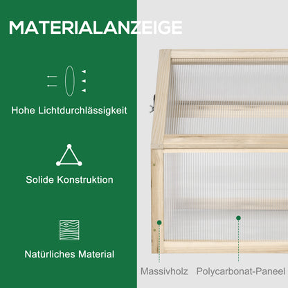 Outsunny Mini-Gewächshaus, Kompaktes Pflanzenhaus aus Holz, Polycarbonat-Platten, Belüftungsöffnung, 90L x 52B x 49,5H cm, Natur