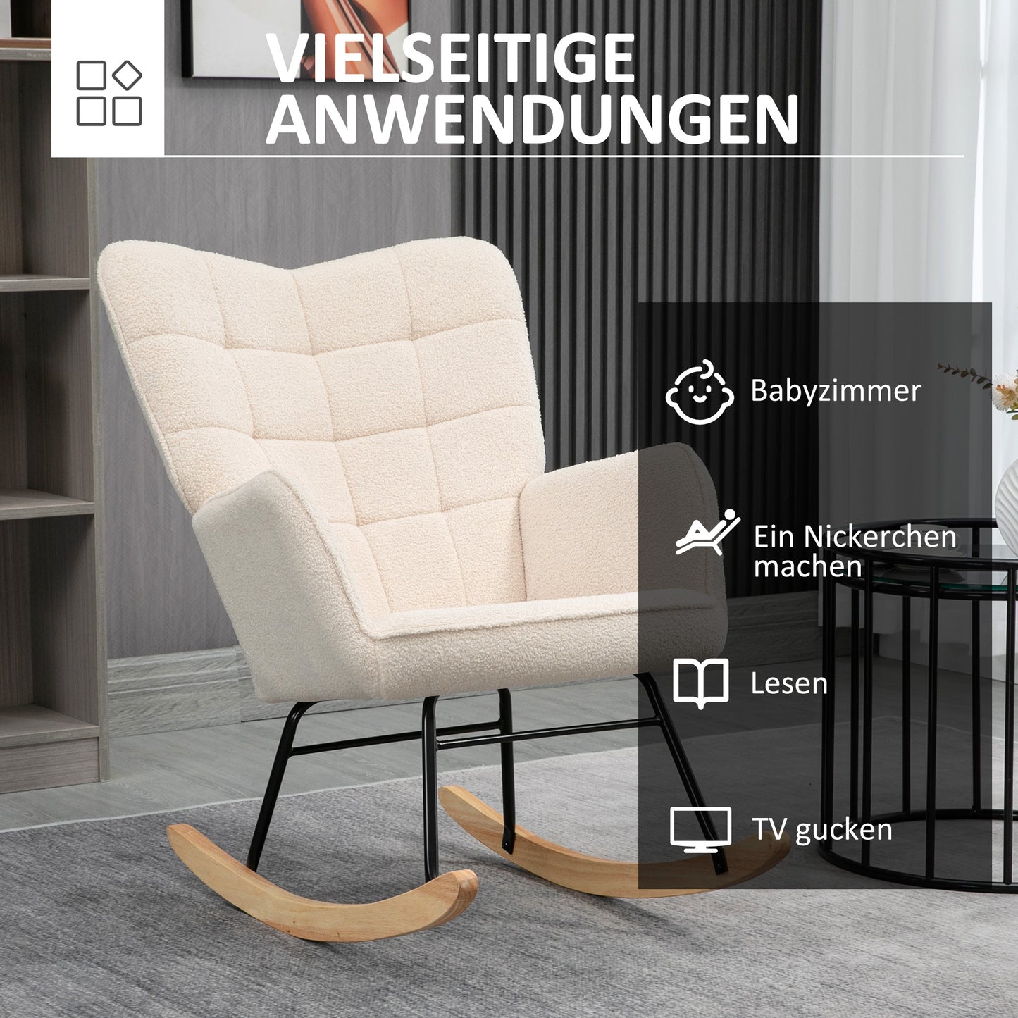HOMCOM Schaukelstuhl im Retro-Design, Massivholz, Sessel, Relaxsessel, 98 cm x 71 cm x 101 cm, Beige