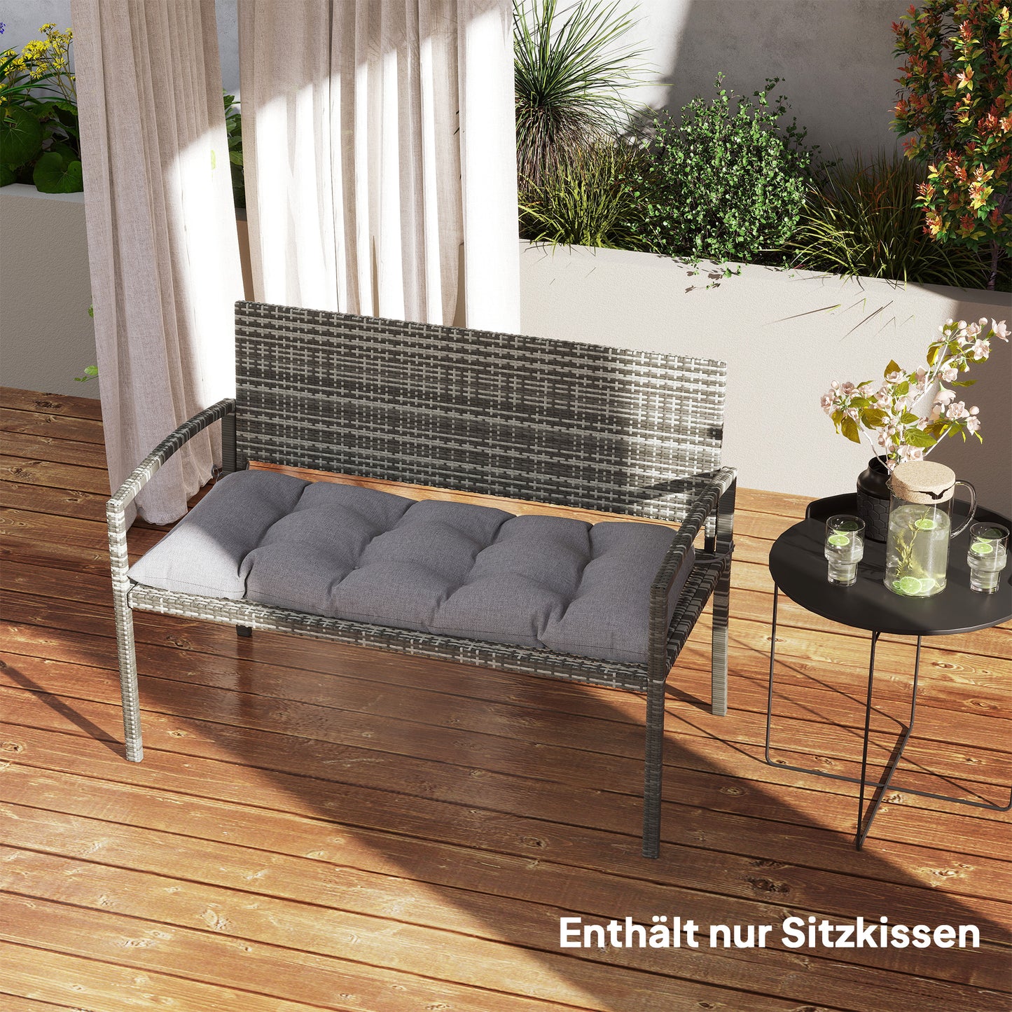 Outsunny Bankauflage 105 x 46 x 12,5 cm Bankkissen mit Bändern, Outdoor Sitzkissen für Gartenmöbel, Sitzbank, Grau