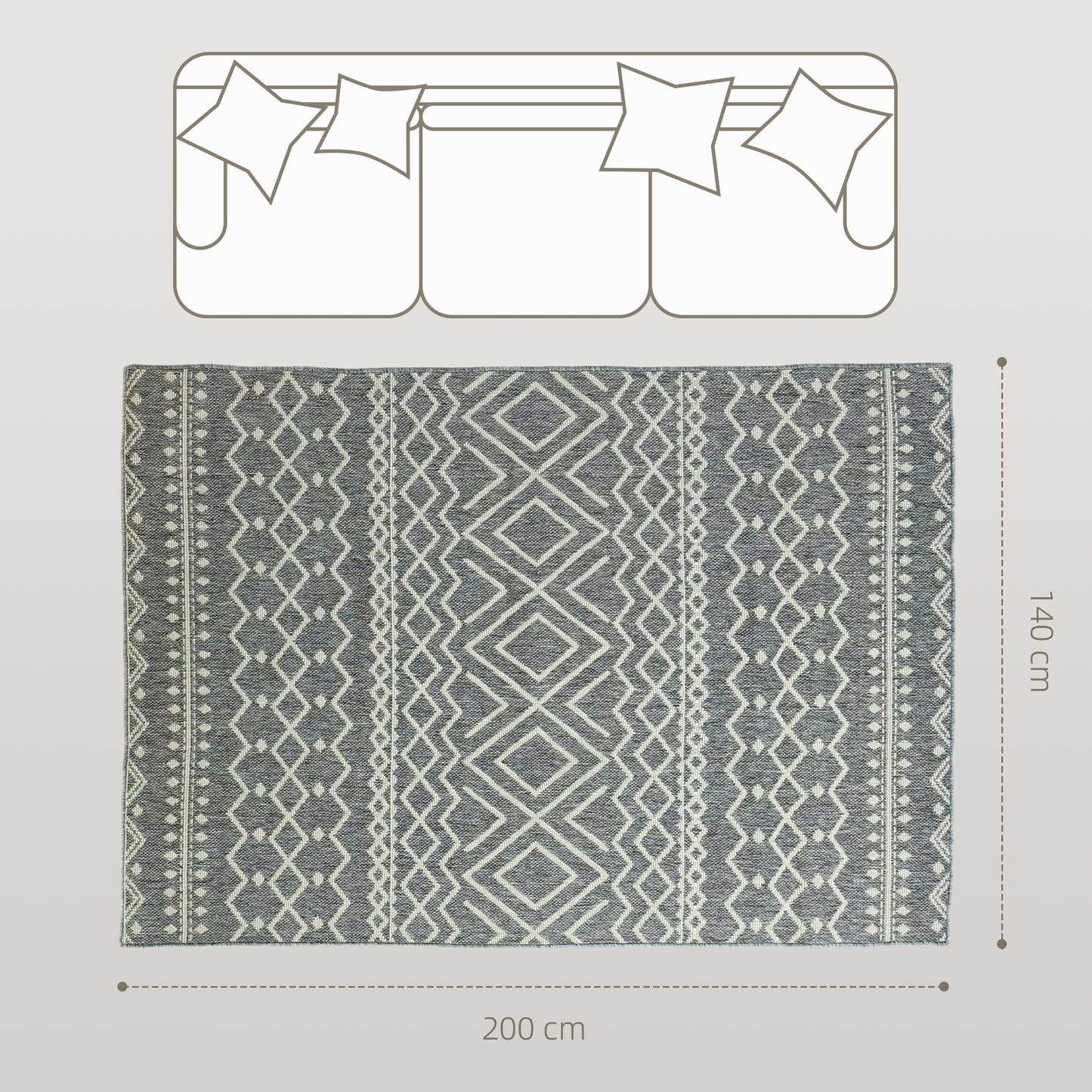 HOMCOM Teppich für drinnen und draußen, Boho-Design, leicht zu reinigen, Grau