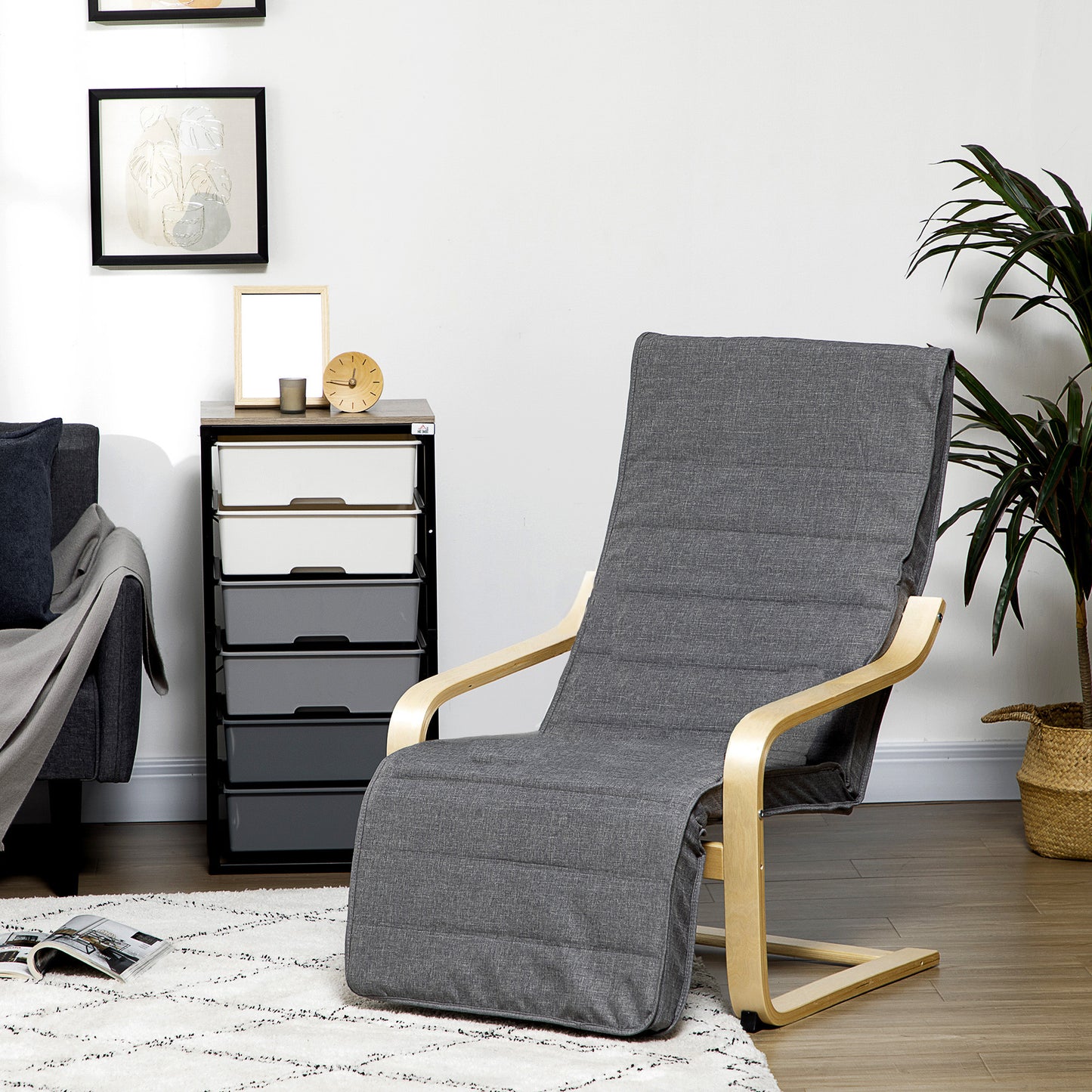 HOMCOM Akzentsessel, Relaxsessel mit verstellbarem Fußteil, Birkenholzrahmen, bis 120 kg, 66,5 x 94 x 100 cm, Grau