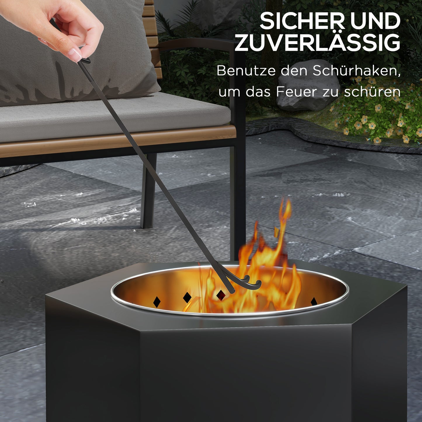 Outsunny Feuerschale Feuerstelle Feuertonne, inkl. Schürhaken, 45 x 38,8 x 46,5 cm, Silber + Schwarz