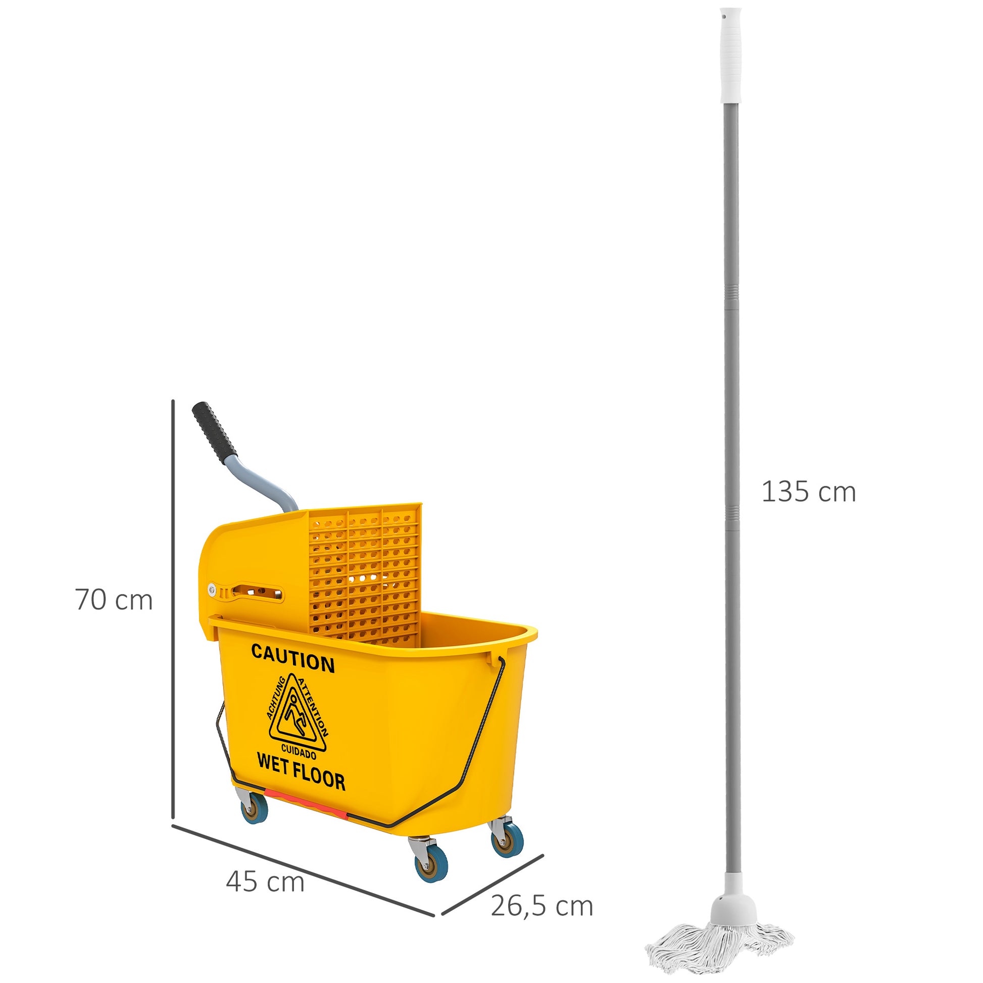 HOMCOM Reinigungswagen 20L Putzwagen mit Presse und Kehrgarnitur, Eimer inkl. Mopp, Rolle
