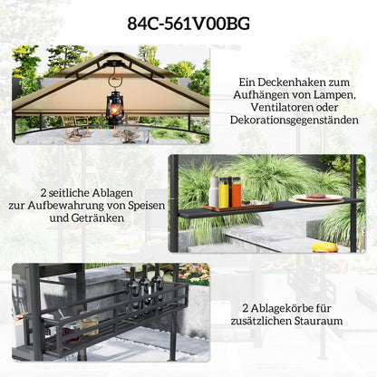 Outsunny Grill-Zelt, BBQ-Zelt, Gartenpavillon mit 2 Regalen, Aufbewahrungskörbe, Haken, für Terrasse, Beige