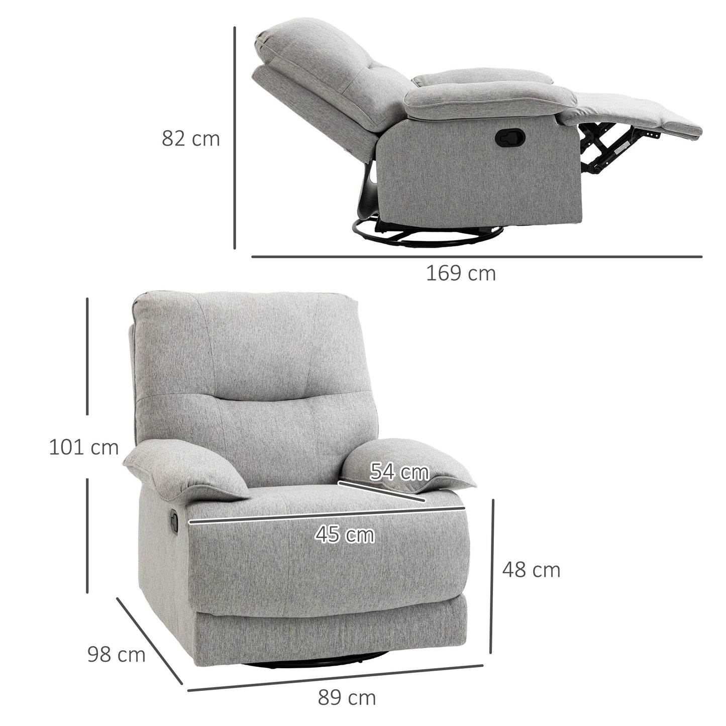 HOMCOM Relaxsessel mit Liegefunktion, Fußstütze, bis 160 kg, 89x98x101cm, Hellgrau
