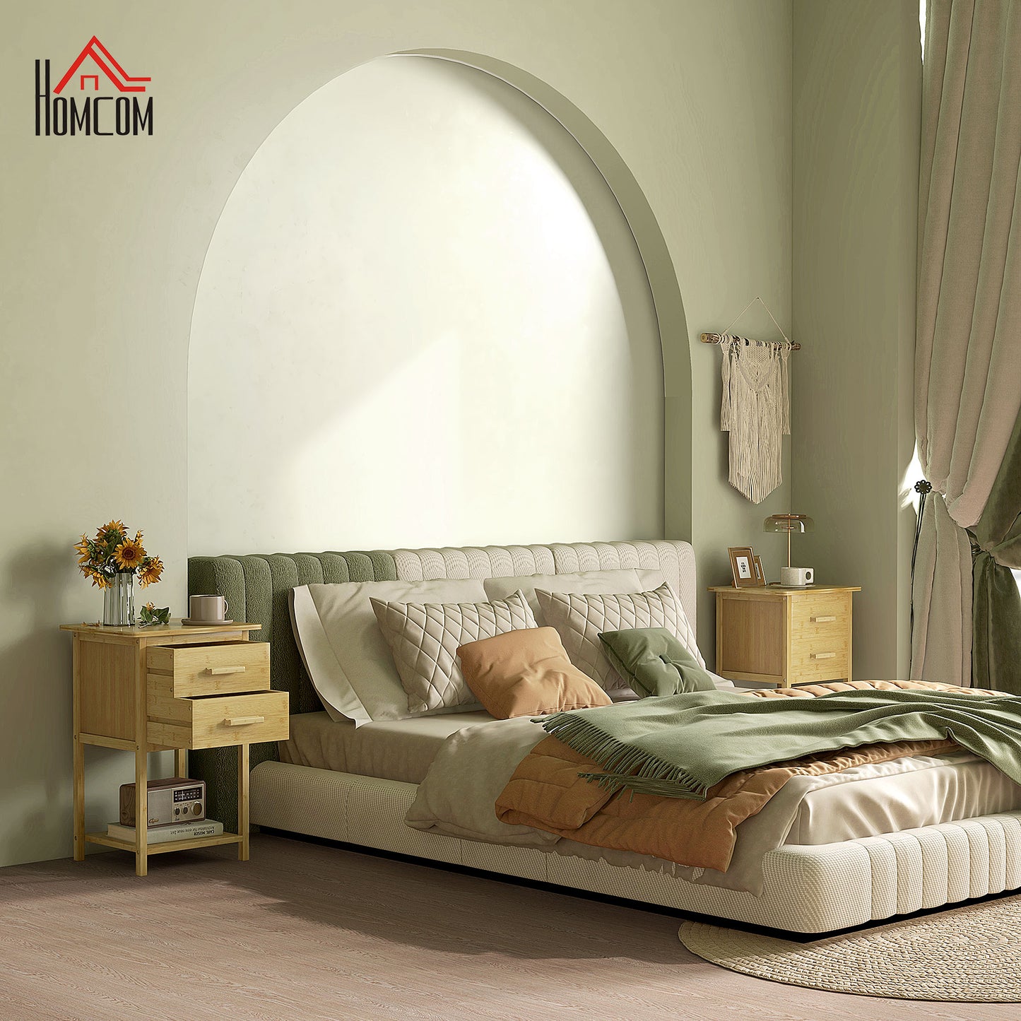HOMCOM Nachtschrank, 2er-Set, Skandi-Design, Bambus, 2 Schubladen & Regal, 40x34x60cm