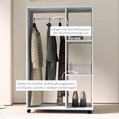 HOMCOM Kleiderschrank auf Rollen, mobile Garderobe, Garderobenschrank, Rollbarer Kleiderständer, 80 x 40 x 128 cm, Weiß