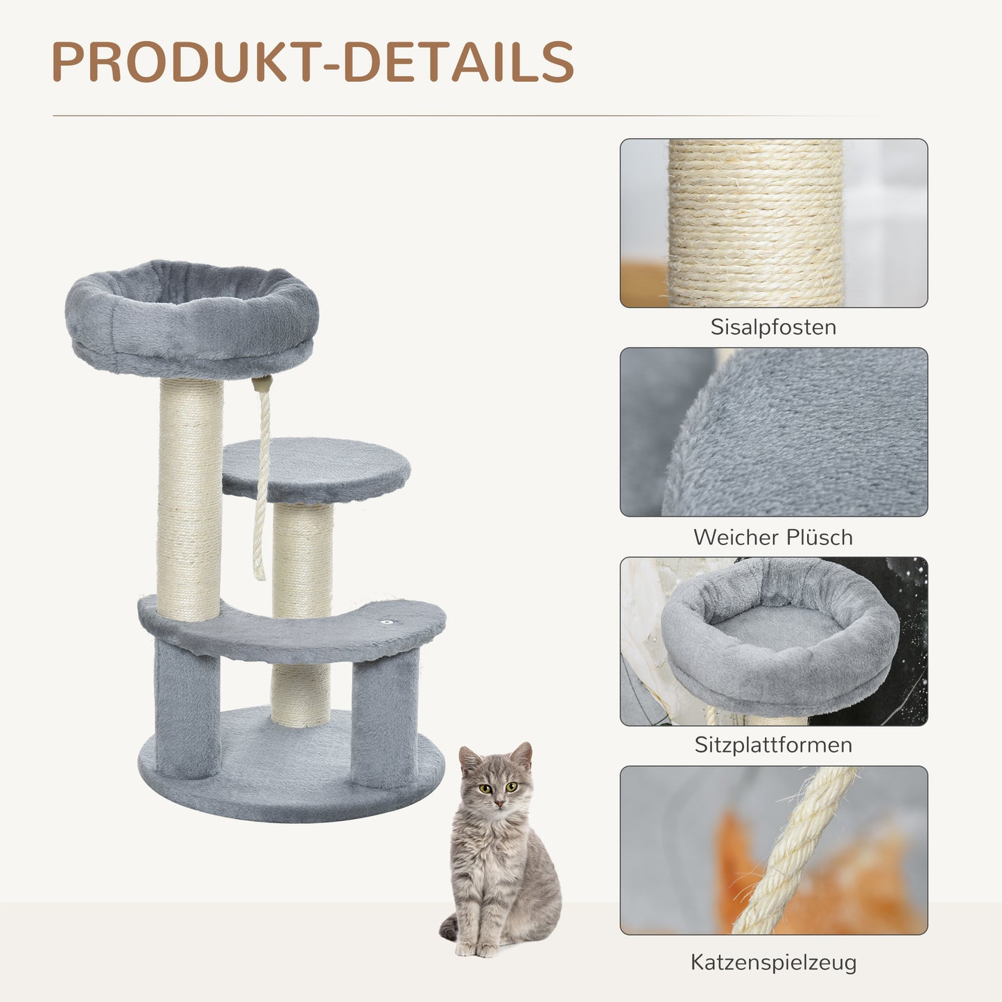 PawHut Katzenbaum Kletterbaum mit Hängematte, 3-Stufiger Spielbaum mit Katzenbett Katzenkratzbaum mit Sitzplattform, Sisalsäulen, Grau Ø40 x H65 cm