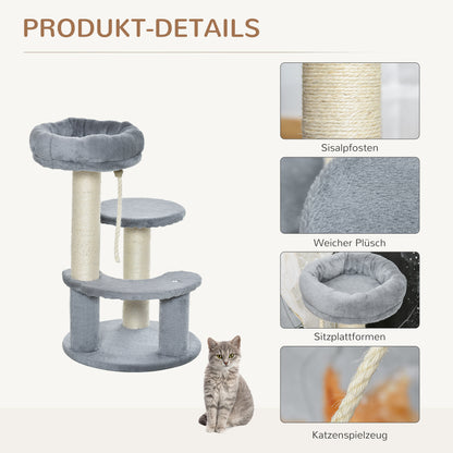 PawHut Katzenbaum Kletterbaum mit Hängematte, 3-Stufiger Spielbaum mit Katzenbett Katzenkratzbaum mit Sitzplattform, Sisalsäulen, Grau Ø40 x H65 cm