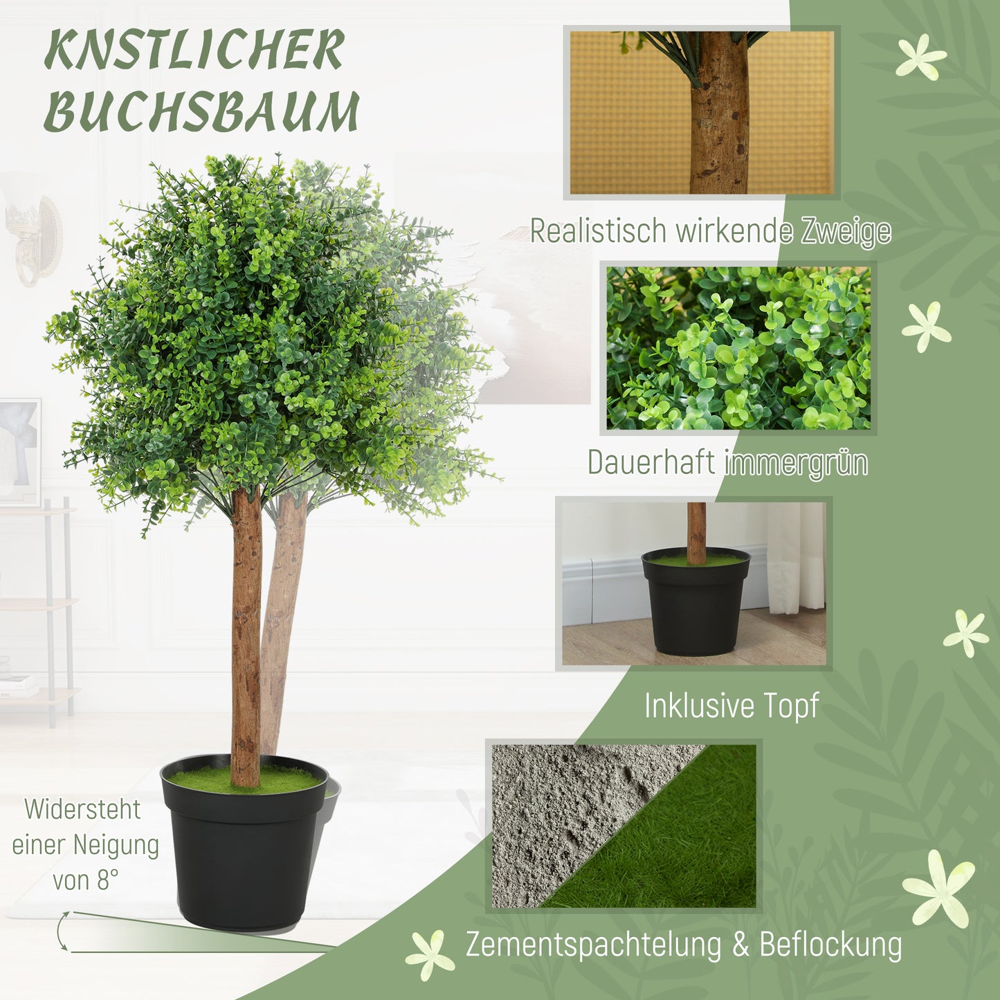 HOMCOM Künstliche Buchsbaum 90cm Kunstpflanze, Plastik Künstliche Pflanzen im Topf für Wohnzimmer