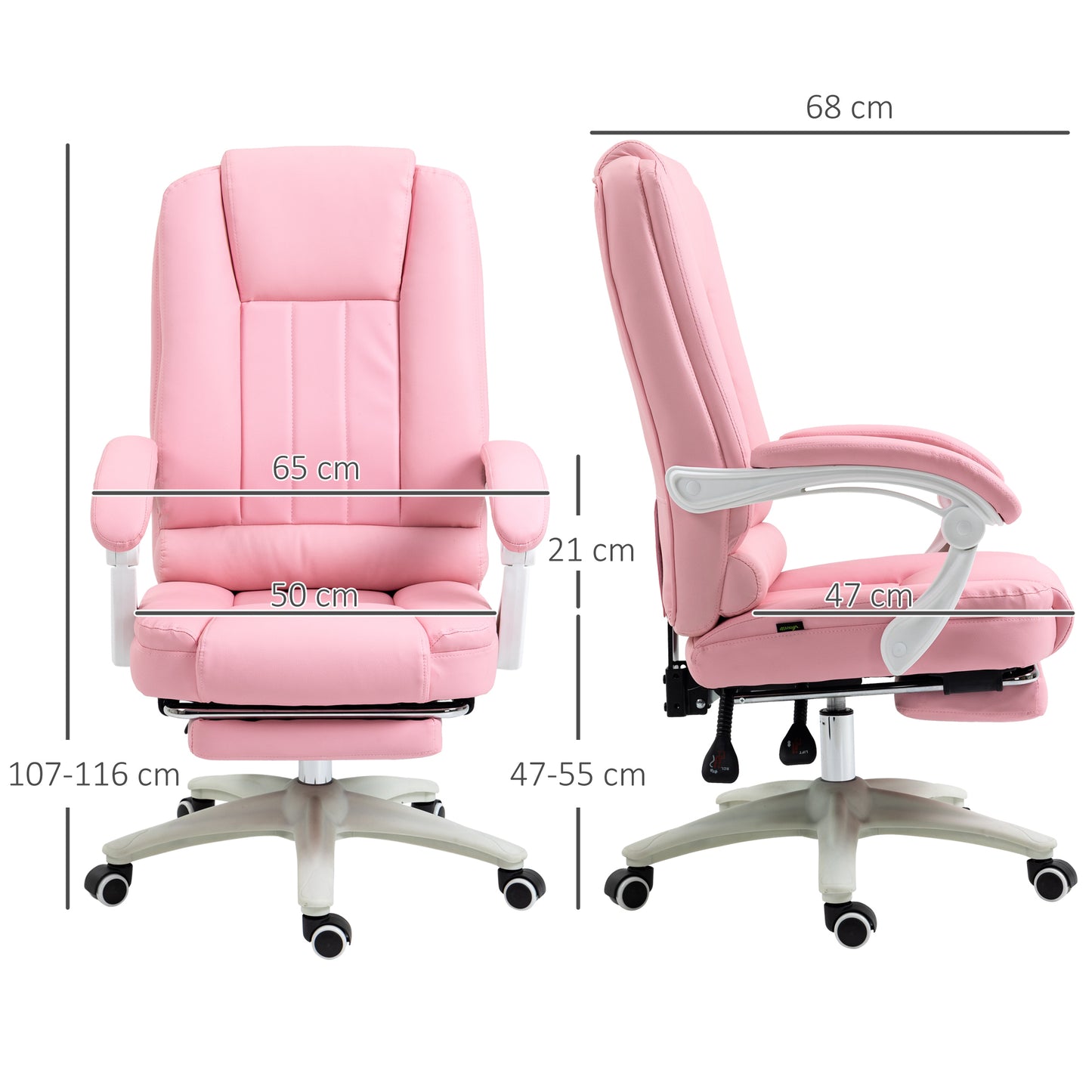 Vinsetto Bürostuhl mit Fußstütze, verstellbare Rückenlehne, höhenverstellbar, 5 Rollen, Rosa + Weiß