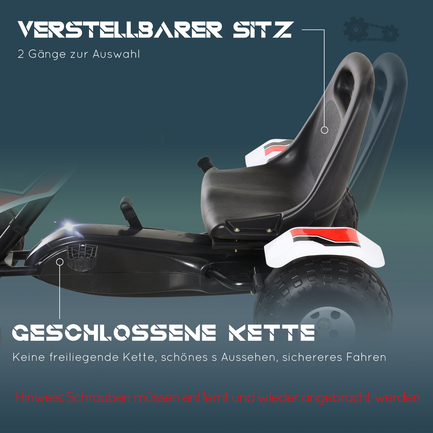 HOMCOM Go Kart Kinderfahrzeug Tretauto mit Pedal Bremsen Kinderspielzeug für 3-6 Jahre Stahl Weiß 104 x 66 x 57 cm