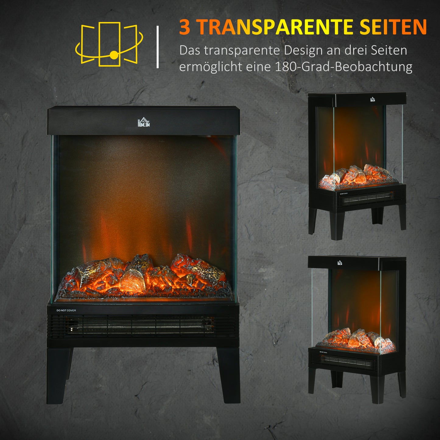 HOMCOM Elektrokamin, 2000 W, Standkamin mit Heizung LED 3D-Flammeneffekt, 4 Helligkeitsstufen, Elektrischer Kamin mit Thermostat, Überhitzungsschutz, Schwarz