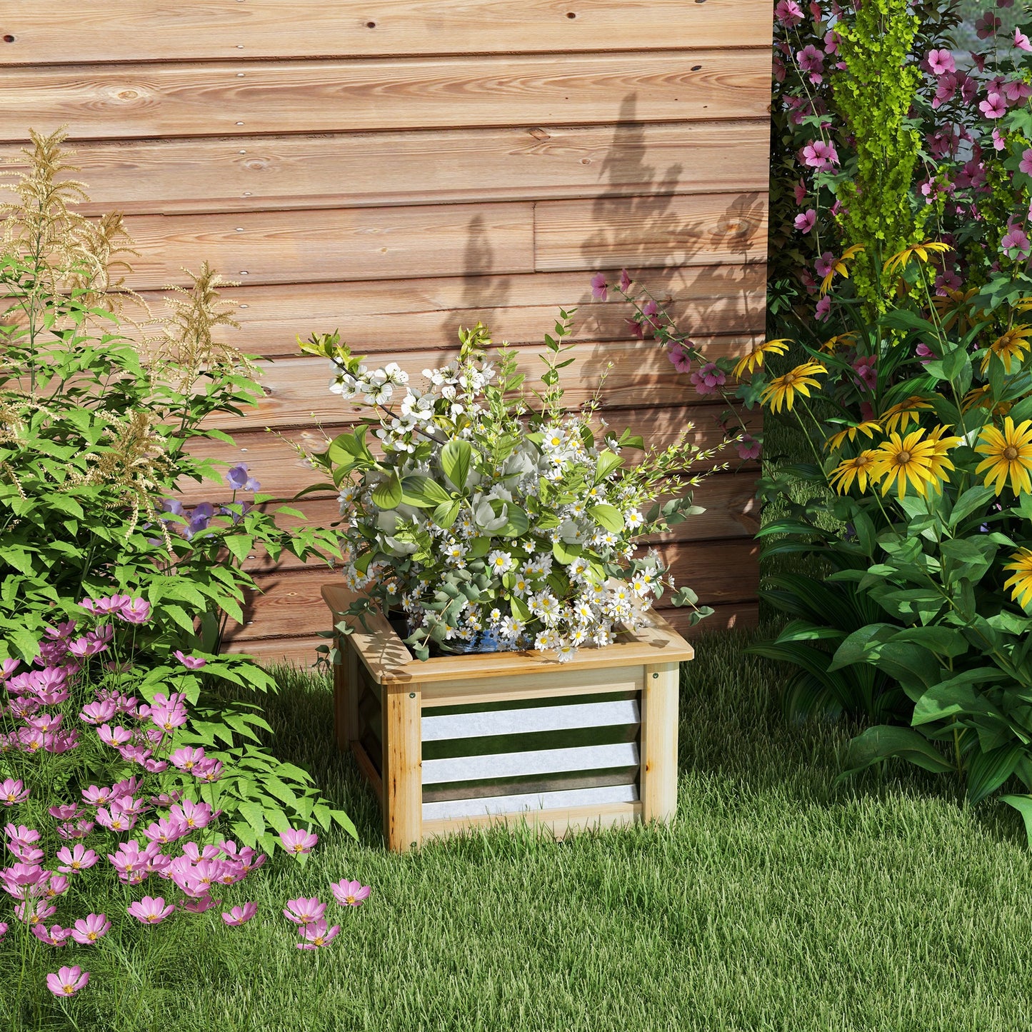 Outsunny Hochbeet, selbstentwässernd, offener Boden, Metall+Holz, 45 x 45 x 30cm