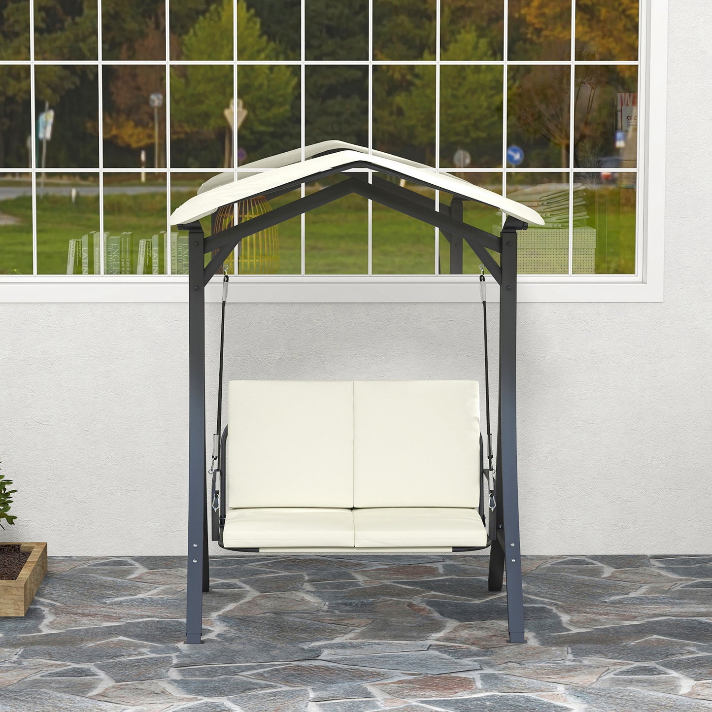 Outsunny Hollywoodschaukel mit verstellbarem Sonnendach Sitzauflage, 2-Sitzer bis 220kg 150x120x182cm, Cremeweiß