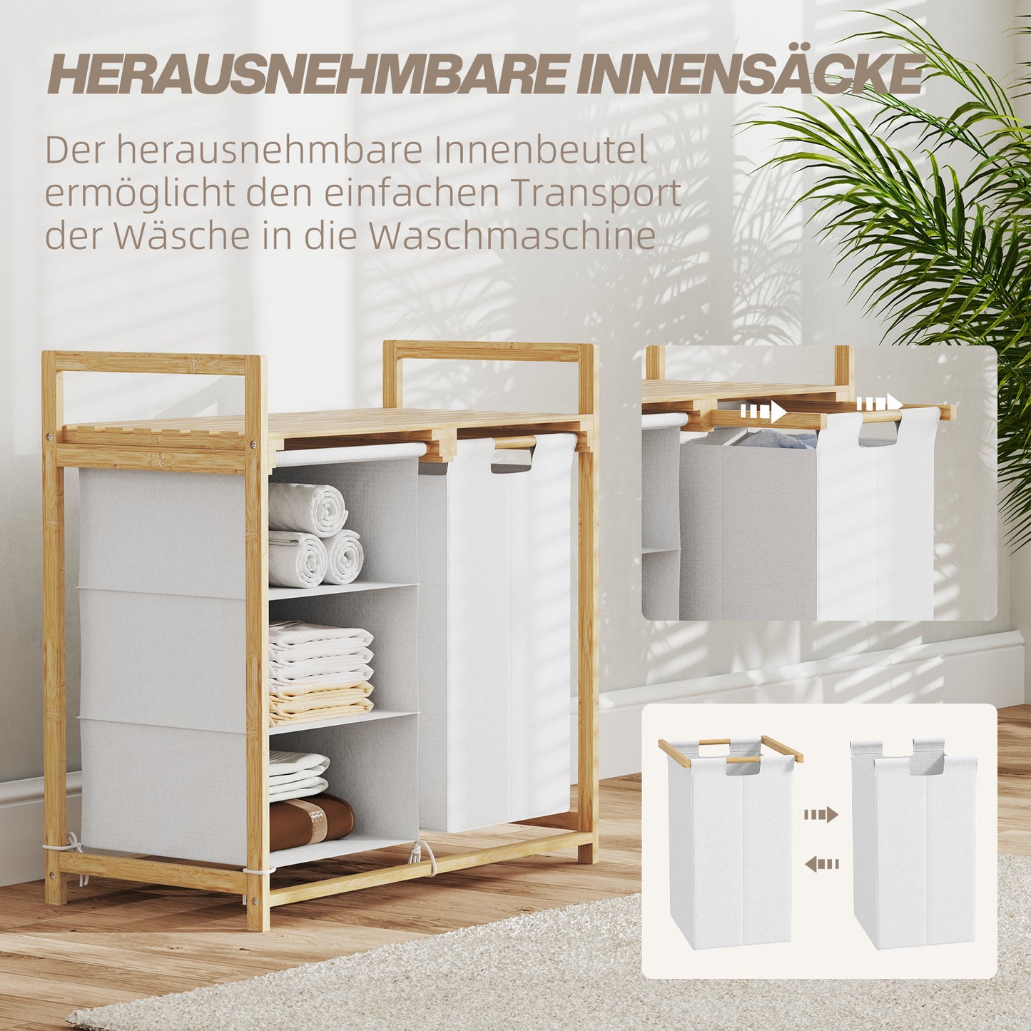 HOMCOM Wäschekorb mit Wäschesack, Stoffschublade, Bambus, 70x36x70 cm, Weiß/Holz