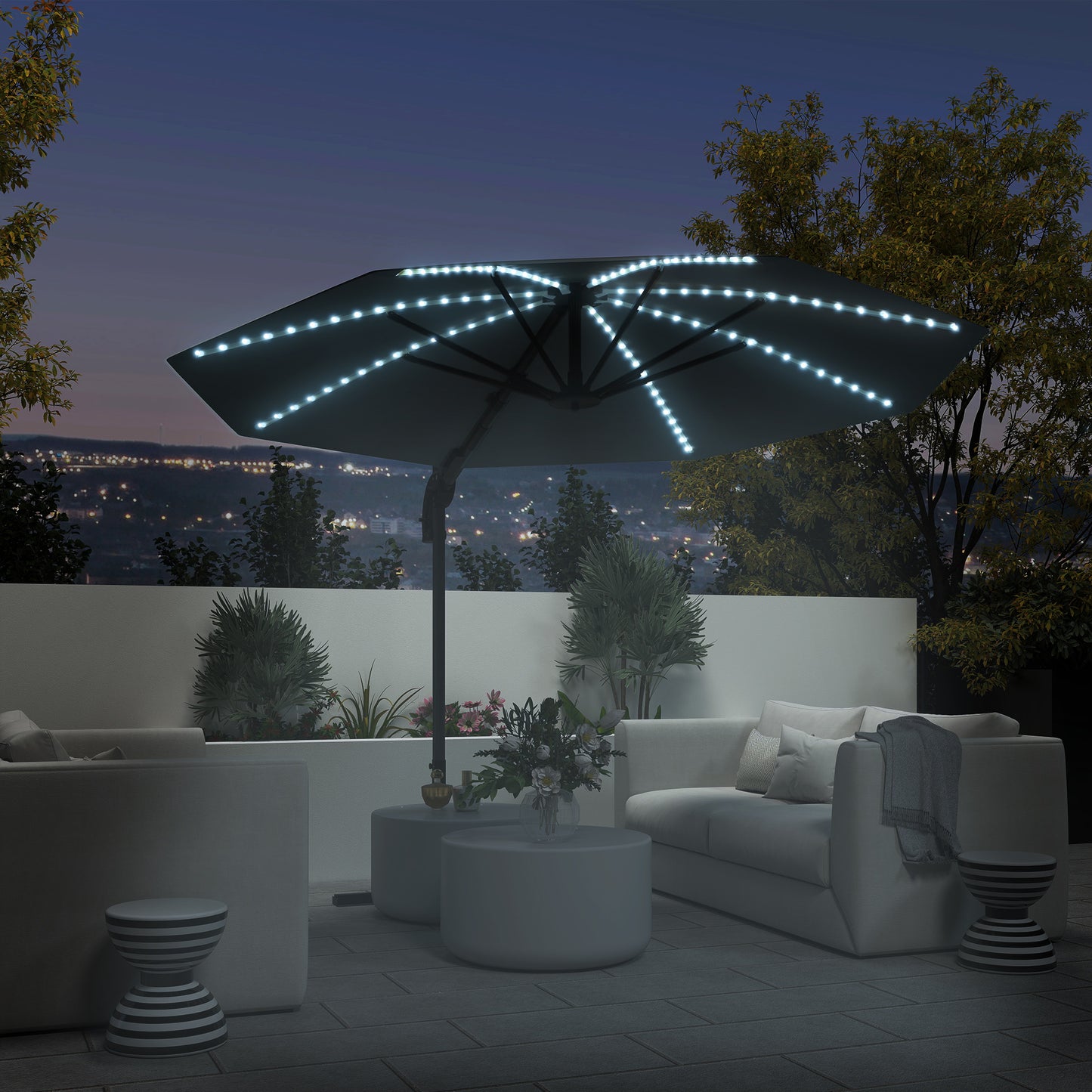 Outsunny Alu Ampelschirm LED Solar Ø300 cm höhenverstellbar Sonnenschirm mit Kurbel Ständer UV50+ Dunkelgrau