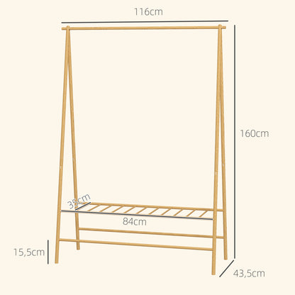 HOMCOM Bambus-Kleiderständer mit Schuhregal und Haken, freistehend, für Eingangsbereich, Schlafzimmer, Naturholz