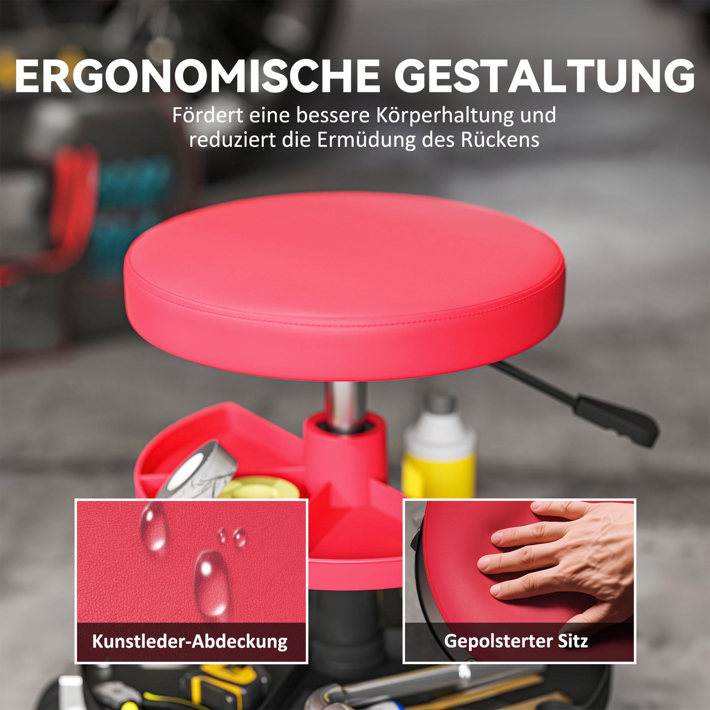 HOMCOM Werkstatthocker mit Rollen Tabletts höhenverstellbar 40-51cm Rollhocker bis 135 kg belastbar Rot