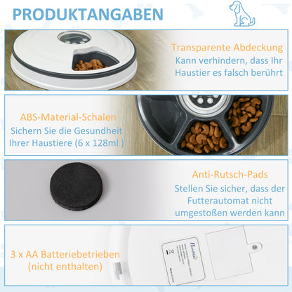 PawHut Futterautomat Katze Nassfutter Katzenfutter mit LED-Display, Programmierbarem Timer, 6 Futter-Fächer für je 70 g Trockenfutter 4 Mahlzeiten Automatischer Futterspender für Hunde Katzen