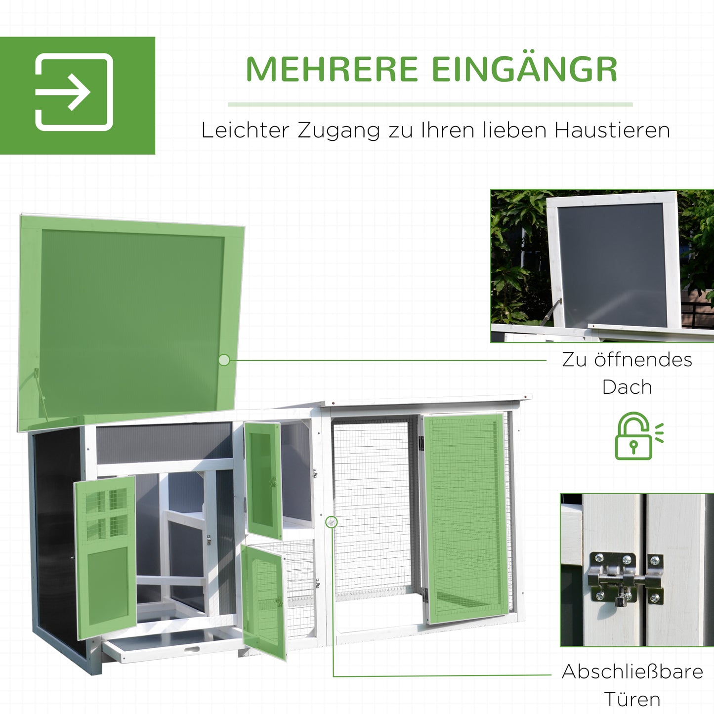 PawHut Hühnerstall Hühnerhaus Geeignet für 1-2 Hühner, mit Nistkasten Eierkiste mit 2 Fächern, Tanne, Grau+Weiß, 160 x 75 x 80 cm