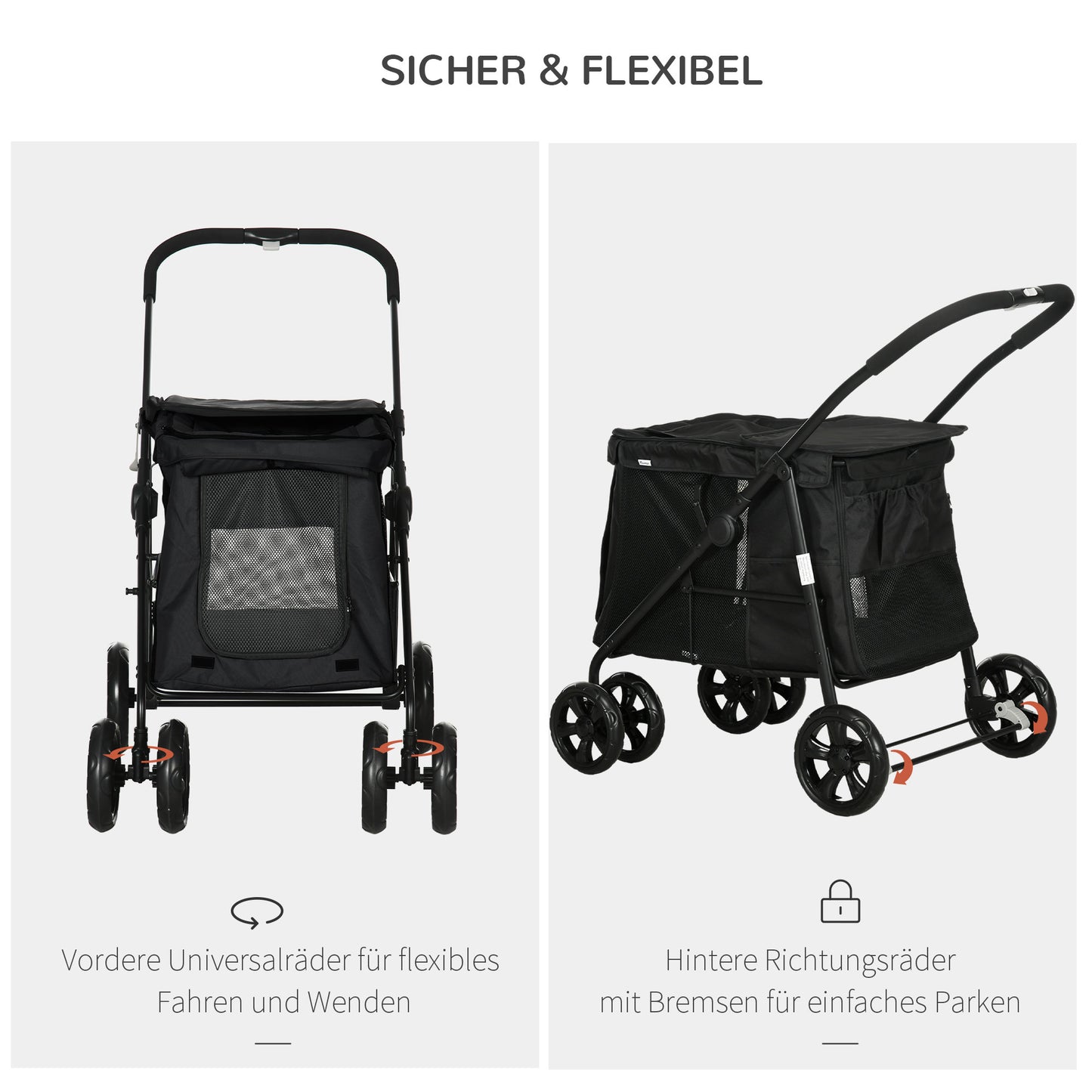 PawHut Hundetrolley inkl. Kissen, 3 Seitentaschen, klappbar, Hundewagen, 102 cm x 62 cm x 105 cm, Schwarz