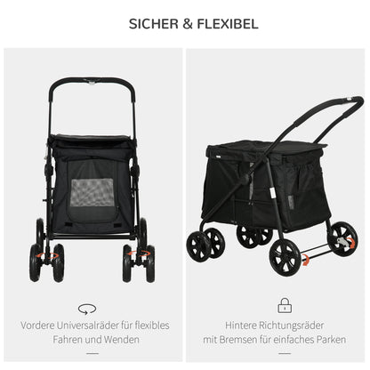 PawHut Hundetrolley inkl. Kissen, 3 Seitentaschen, klappbar, Hundewagen, 102 cm x 62 cm x 105 cm, Schwarz