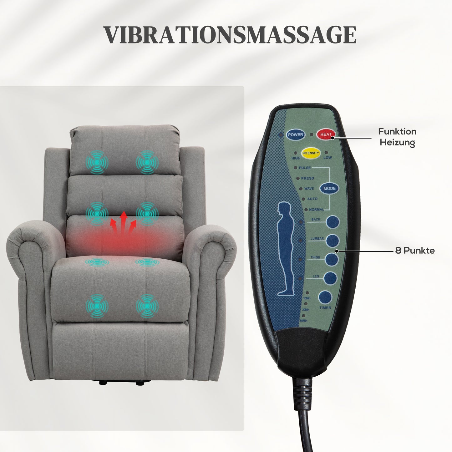HOMCOM Relaxsessel mit Aufstehhilfe, 8 Massagepunkte, beheizbare Rückenlehne, Leinenoptik, Grau