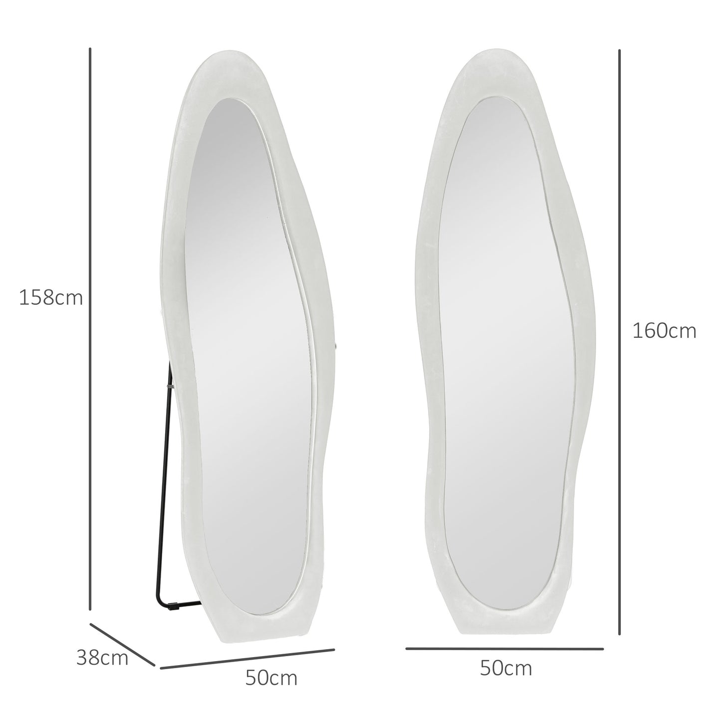 HOMCOM Ganzkörperspiegel, wellige Form, 160 x 50 cm, freistehend, samtartiger Rahmenbezug, Schlafzimmer, Wohnzimmer, Weiß