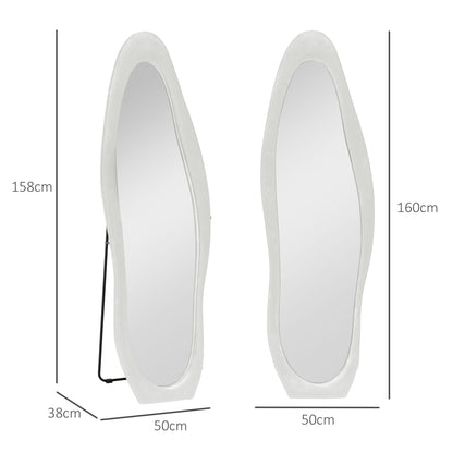 HOMCOM Ganzkörperspiegel, wellige Form, 160 x 50 cm, freistehend, samtartiger Rahmenbezug, Schlafzimmer, Wohnzimmer, Weiß