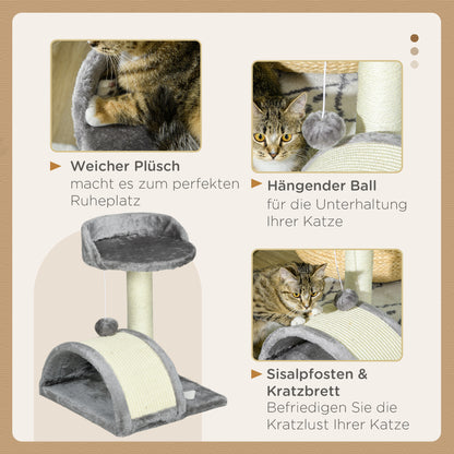 PawHut Kratzbaum 46 cm Kleiner Katzenturm mit Höhle, Spielball, Sisal-Seil, erhöhter Plattform, Katzenkratzbaum, Kletterbaum, für Katzen bis zu 4 kg, Grau