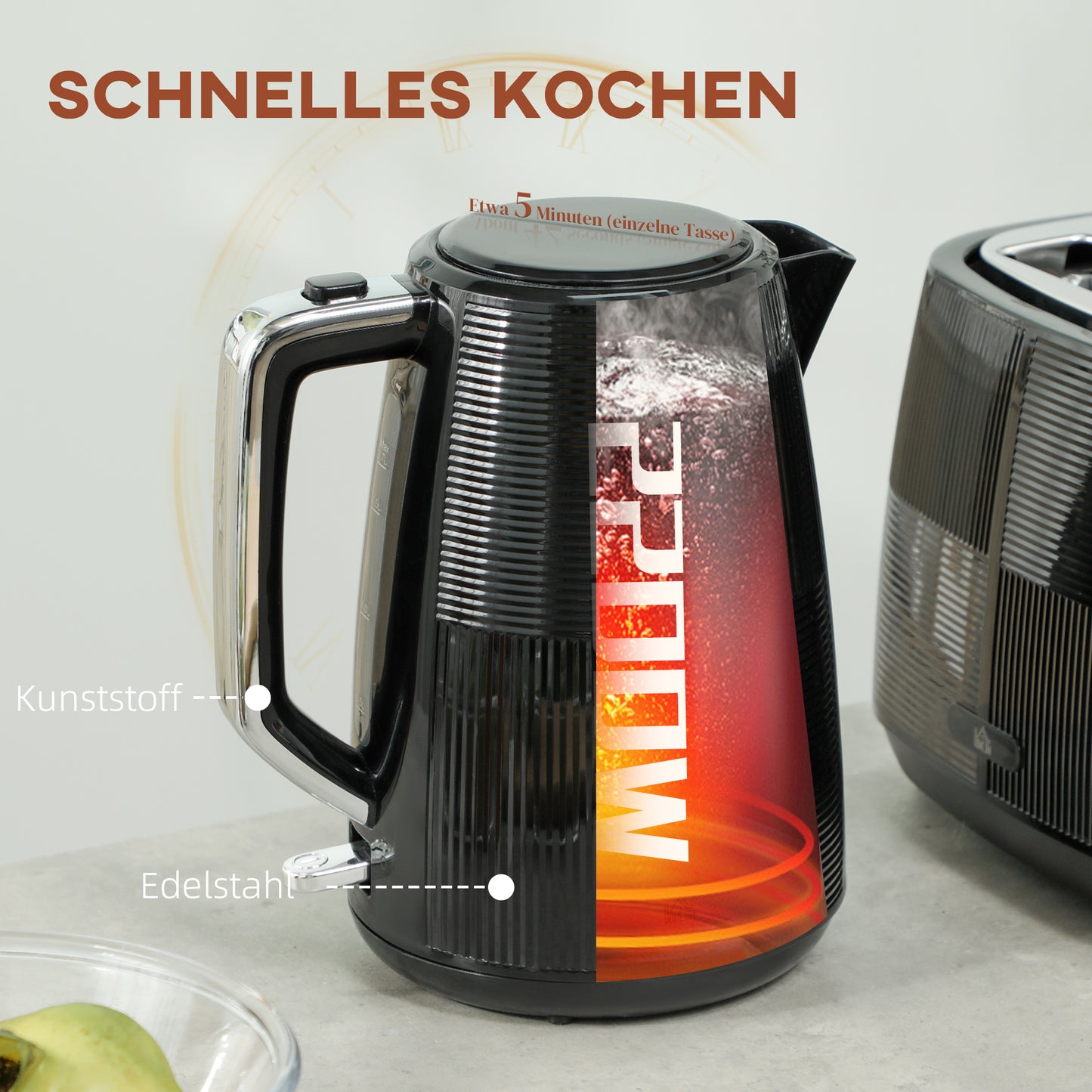 HOMCOM Wasserkocher- und Toaster-Set, 1,7 L, verschiedene Funktionen, Edelstahl, Schwarz