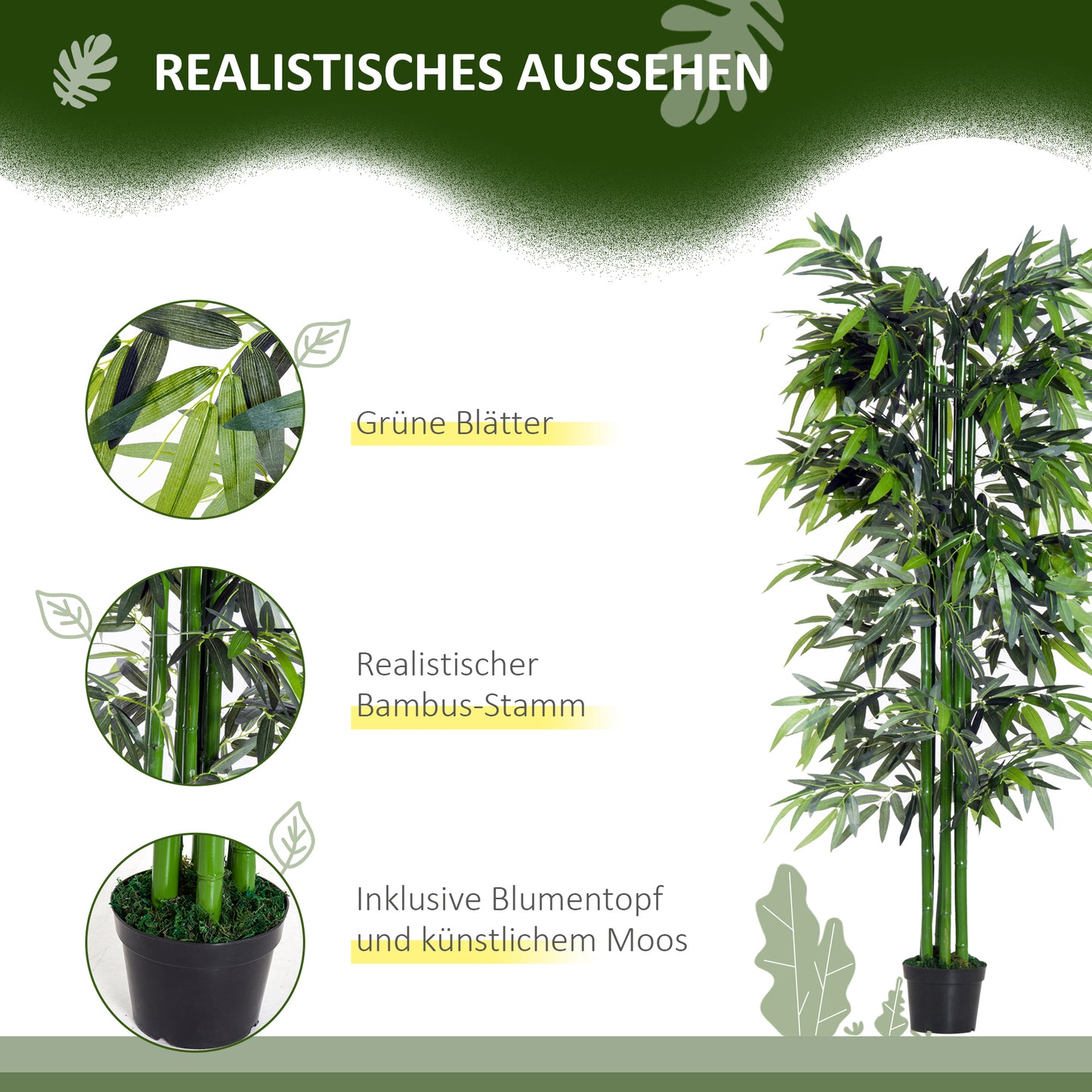 Outsunny Kunstpflanze Künslicher Bambus Künstliche Pflanze 20 cm x 20 cm x 180 cm, Grün + Schwarz