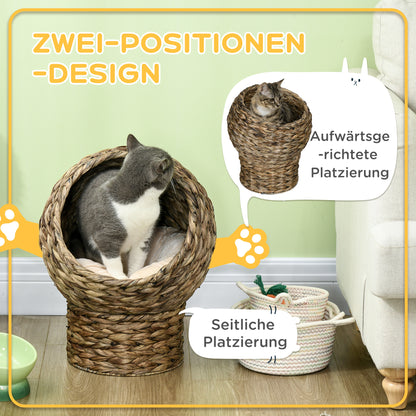 PawHut Rattan Katzenkorb Katzenhöhle Katzenhütte Katzenbett mit Kissen Haustierbett Wasserhyazinthe Kaffee 40 x 37 x 51 سم