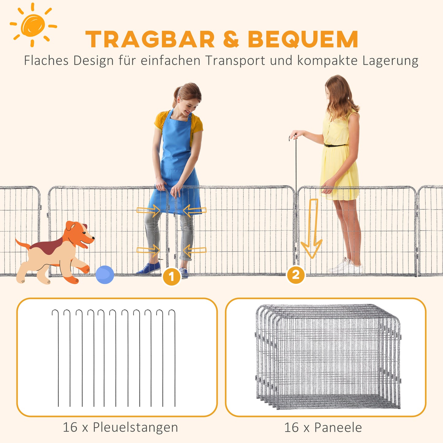 PawHut Welpenauslauf Freigehege 16 Segmente 60 cm Hoch Laufstall für Haustier welpengitter Zaun Laufgitter Laufstall Hundegehege Outdoor Gitter Welpen gestaltbar mit 2 Tür Stahl Grau