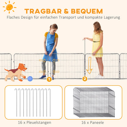 PawHut Welpenauslauf Freigehege 16 Segmente 60 cm Hoch Laufstall für Haustier welpengitter Zaun Laufgitter Laufstall Hundegehege Outdoor Gitter Welpen gestaltbar mit 2 Tür Stahl Grau
