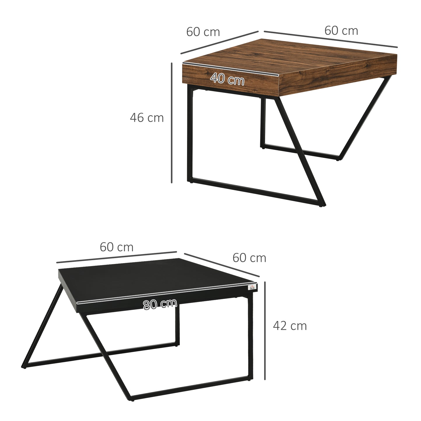 HOMCOM Couchtisch-Set, 2 Beistelltische, Industrial Design, Stahlrahmen, Holz/Schwarz