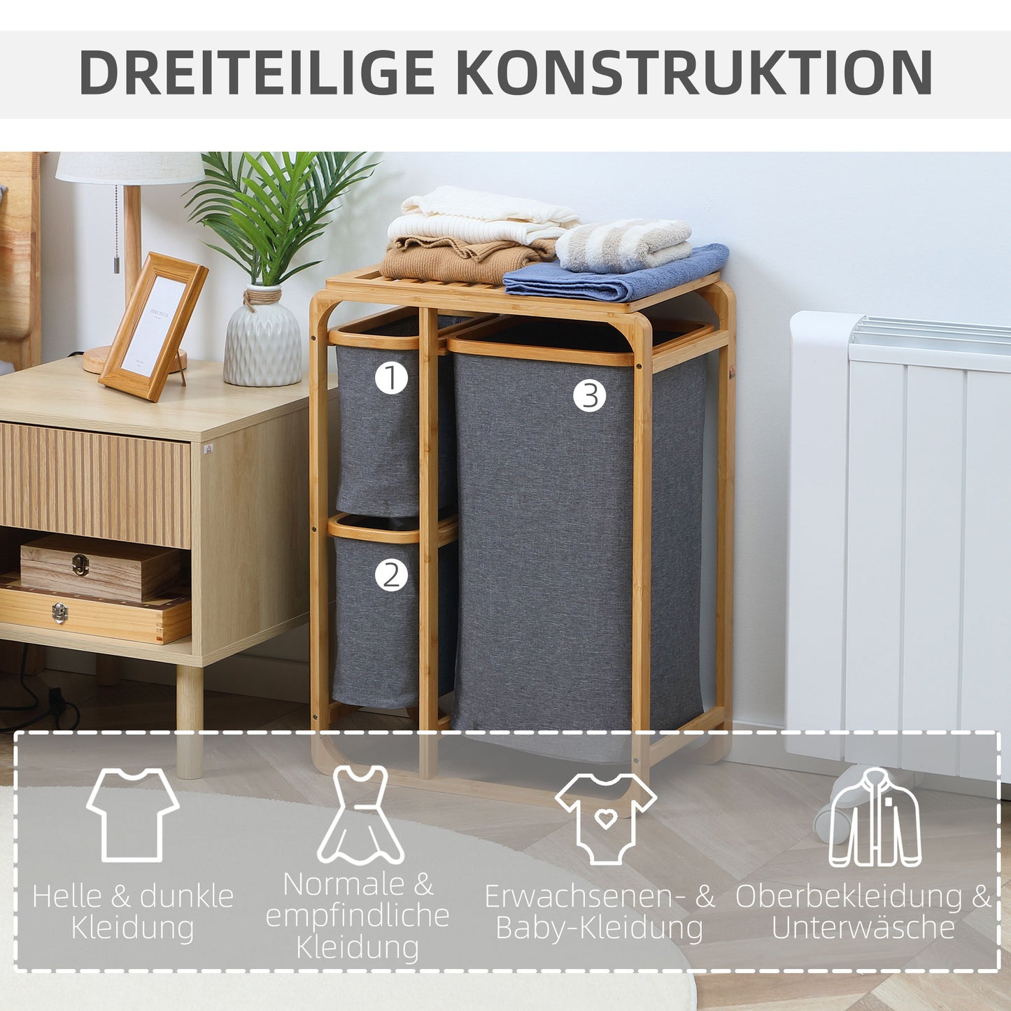 HOMCOM Wäschekorb aus Bambus , 3 abnehmbare Körbe 50 cm x 32 cm x 69,7 cm Natur Grau