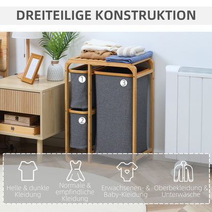 HOMCOM Wäschekorb aus Bambus , 3 abnehmbare Körbe 50 cm x 32 cm x 69,7 cm Natur Grau