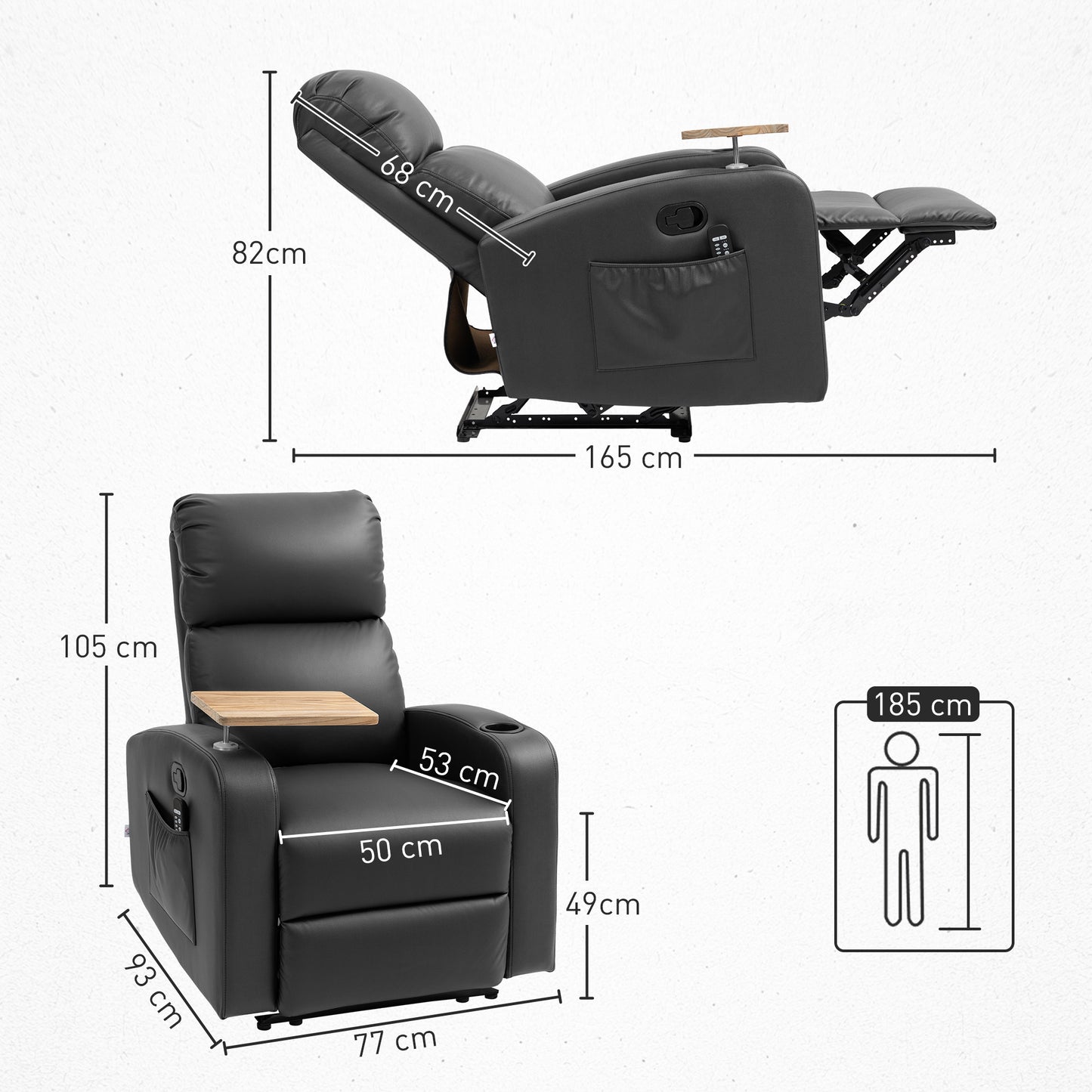 HOMCOM Massagesessel Relaxsessel Liegesessel, 1 Klapptisch, 1 Fußstütze; 77 cm x 93 cm x 105 cm, Schwarz