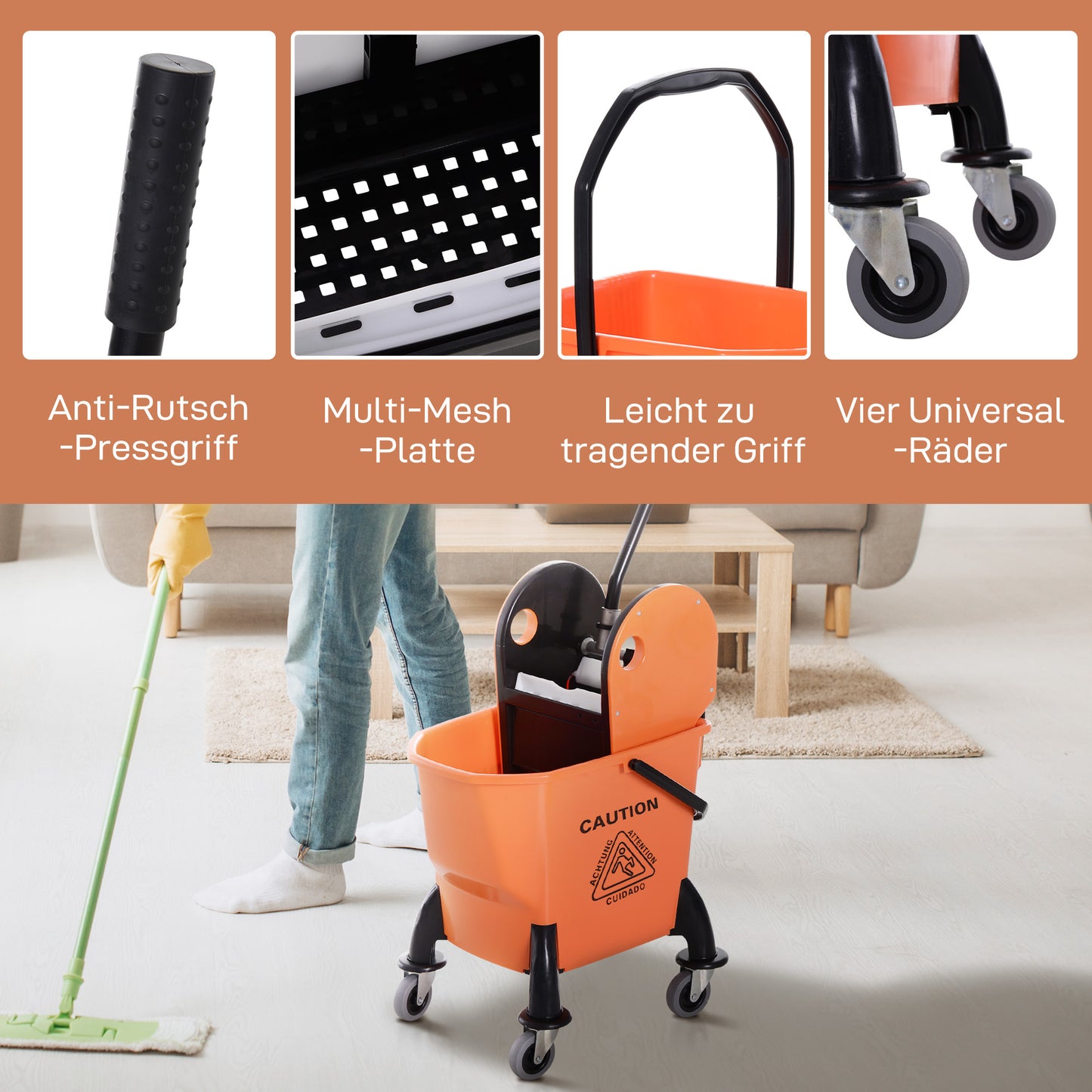HOMCOM Rollbarer Reinigungseimer, Moppeimer, Mopp-Presse, 26 L, Kunststoff, Orange