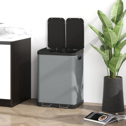 HOMCOM Doppelfach-Mülleimer, 2 x 30L, fingerabdruckresistent, Pedal, herausnehmbare Inneneimer, Grau