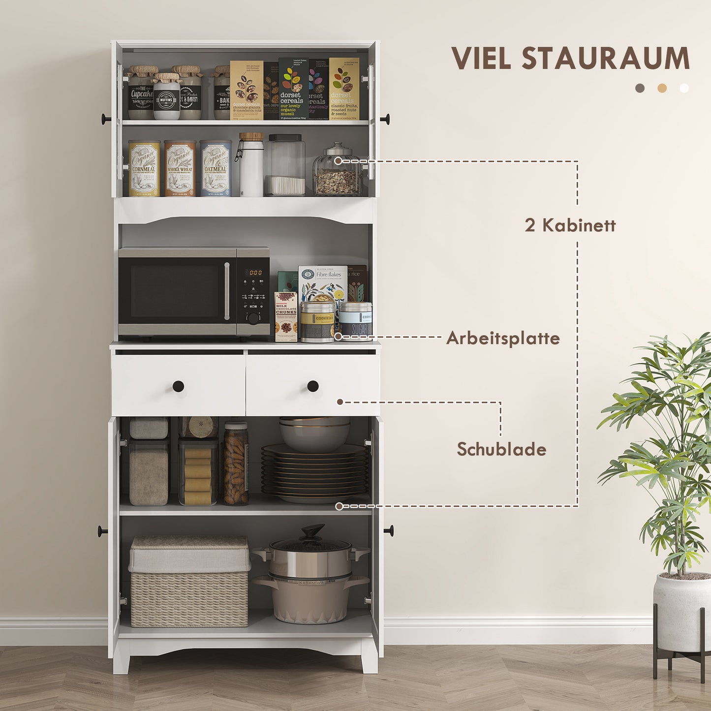 HOMCOM Freistehender Küchenschrank mit Arbeitsplatte für Mikrowelle, Kaffeemaschine, Schränke, Glastüren, Weiß