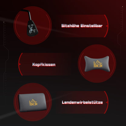 HOMCOM Ergonomischer Gaming-Stuhl med 3D-Armlehnen, verstellbar, rollbarer Schreibtischstuhl mit Lendenstütze, Grau
